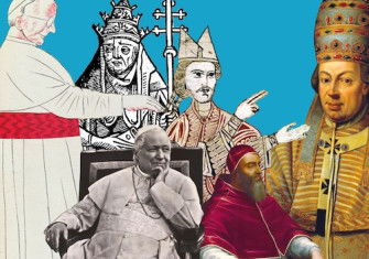 Left-right: Pius XI, Gregory III, Pius IX,cGregory VII, Clement VII, and Pius VI.. Archives Charmet / Bridgeman Images, Rijksmuseum, Fototeca Gilardi/Bridgeman Images, The J. Paul Getty Museum, Los Angeles, and Photo Josse/Bridgeman Images.
