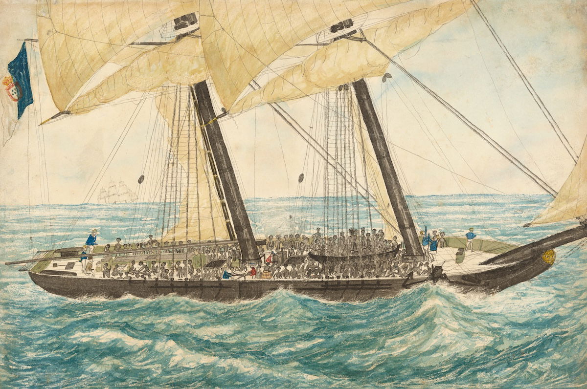The Portuguese slaver Diligenté captured by H.M. Sloop Pearl, Lieutenant Henry Samuel Hawker, May 1838. Collection of the Smithsonian National Museum of African American History and Culture. Public Domain.